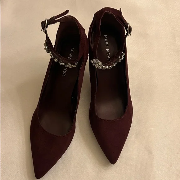 Marc Fisher Burgundy Suede Rhinestone Ankle Strap Heels
Size 6.5 - Picture 2 of 12